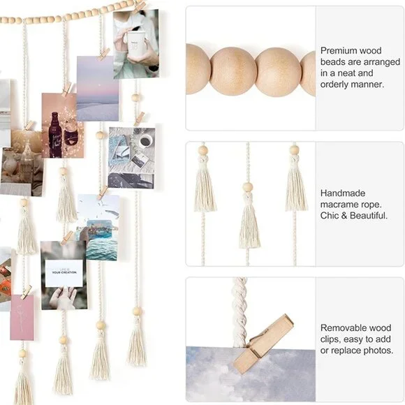 NEW  Macrame Hanging Photo Display Wall Decor with String Lights - Picture 6 of 8